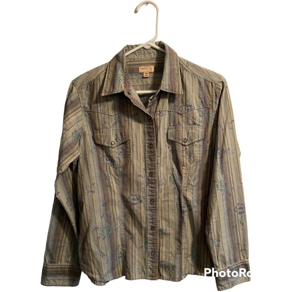Adventure Clothing Western Snap Button Floral Shirt Womens M Blue Gray Stripes